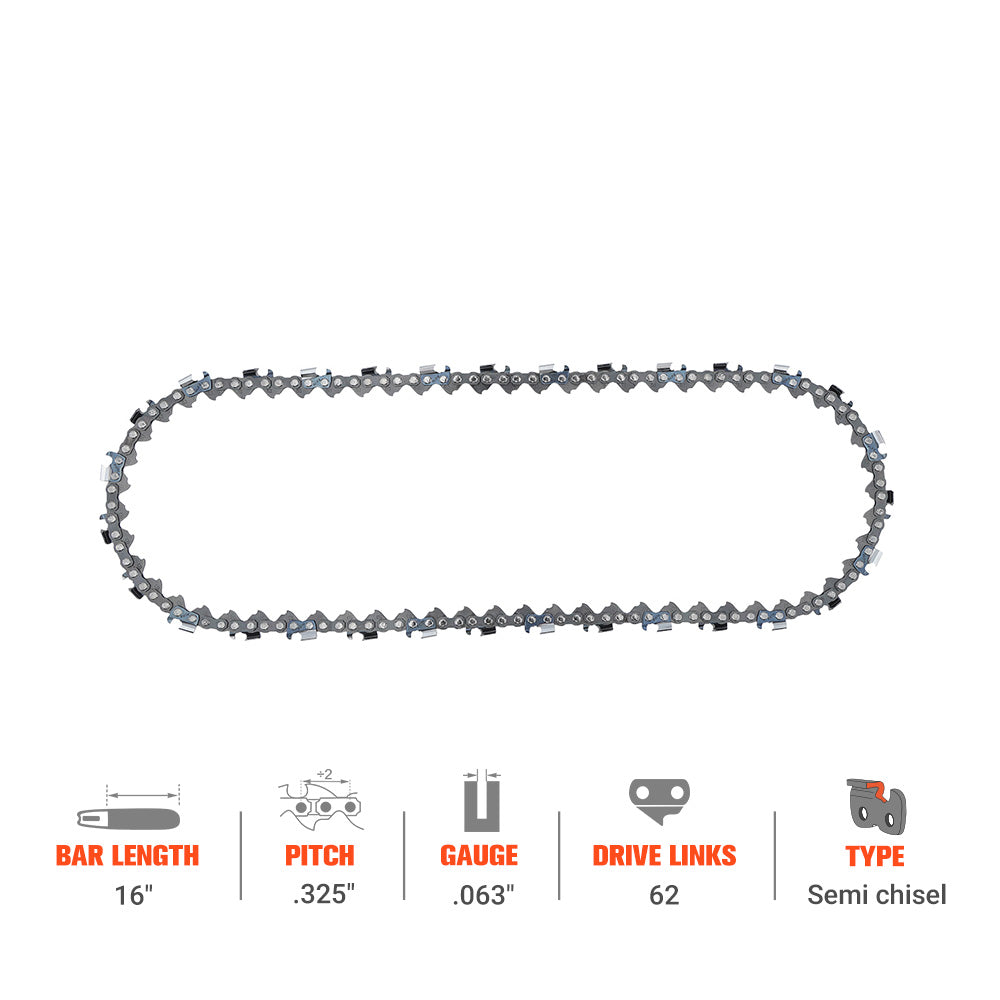 Hipa 16 Inch Standard Chain .325" .063" 62 DL For Stihl MS210 MS230 MS250 MS250C MS231 Chainsaw