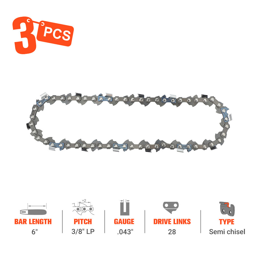 Hipa 6 Inch Chain 3/8" LP .043" 28 DL For Milwaukee 2527-20 M12 Craftsman CMCCSL621D1 Remington 11409-01 Branch Wizard Pole Saw