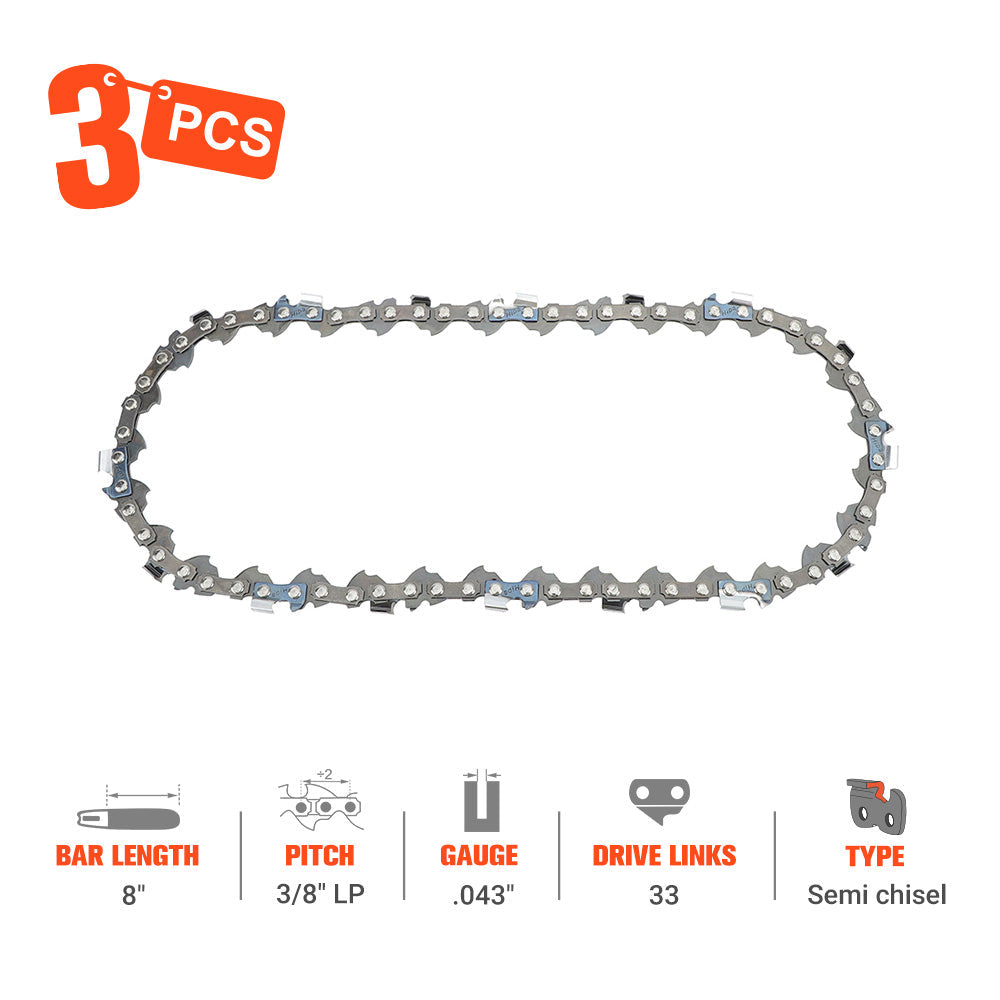 Hipa 8 Inch Standard Chain 3/8" LP .043" 33 DL For Homelite UT43160 Ryobi RY43160 RY43200 RY40050 P4360 Worx WG349.9 WG349 Chainsaw #61 PMM3 33