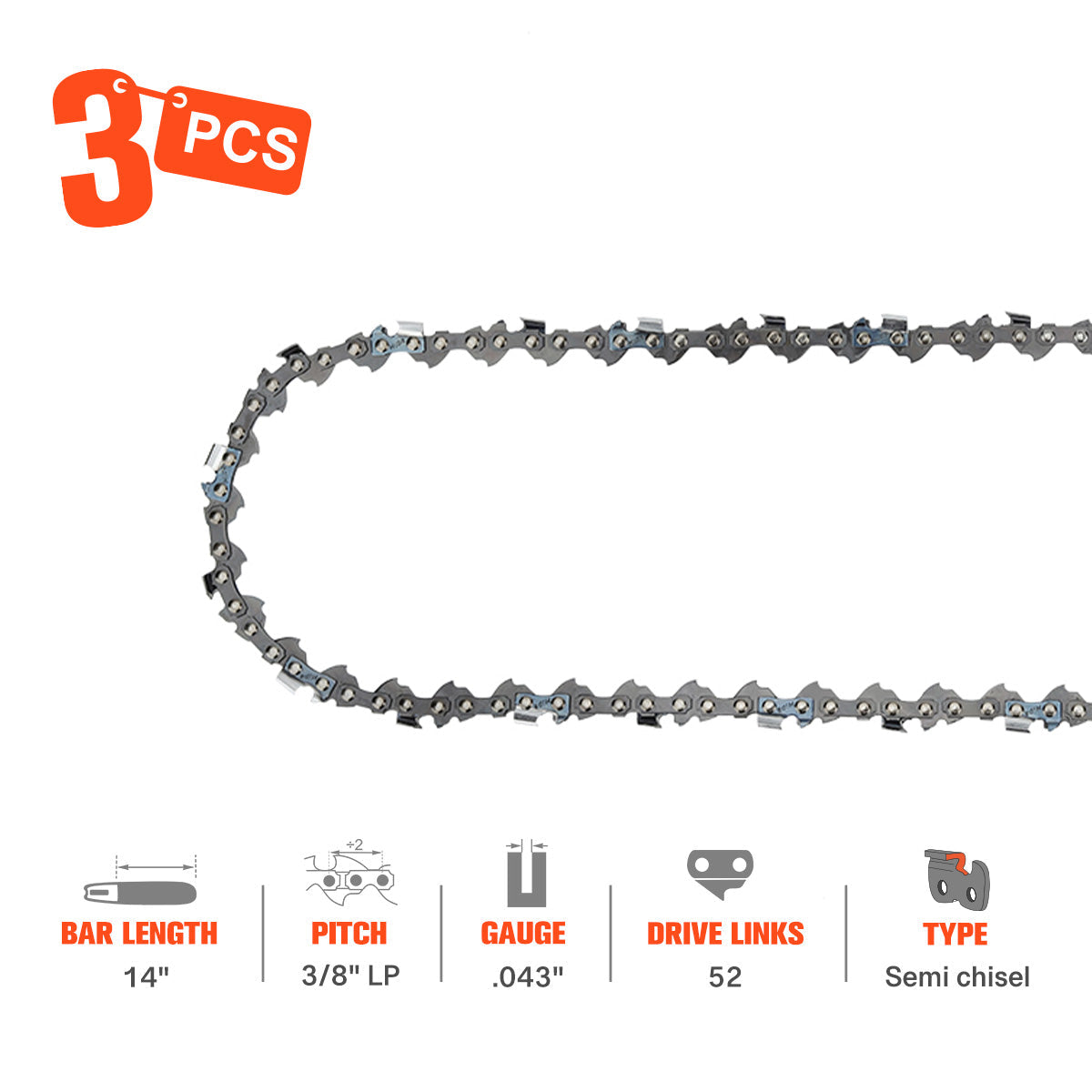 Hipa 14 Inch Standard Chain 3/8" LP .043" 52 DL for Echo CS2511T RYOBI RY40502 RY40511 40v E-GO CS1401 CS1400 Wo-rx WG38 Chainsaw