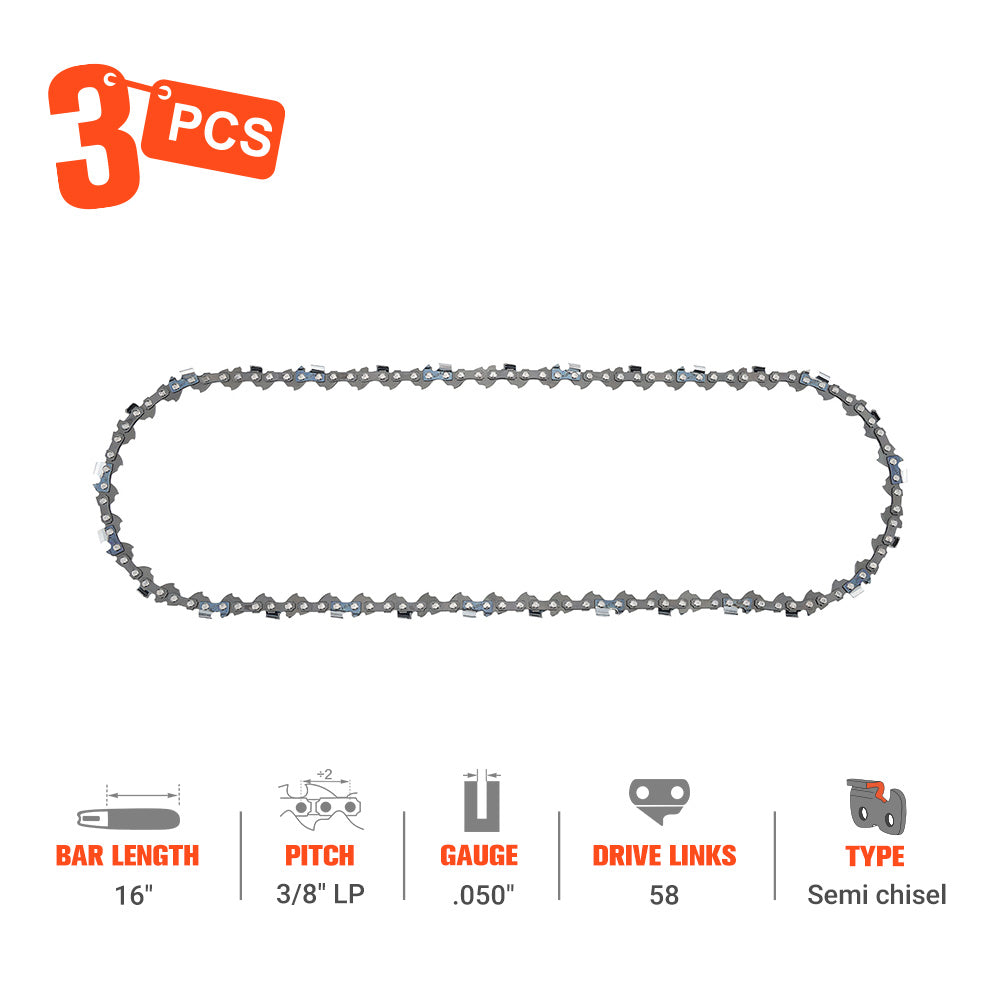 Hipa 16 Inch Chain 3/8" LP .050" 58 DL For Remington M30016AS M35016AS Echo CS-3450 CS-3400 CS-3000 CS-346 CS-330 Chainsaw