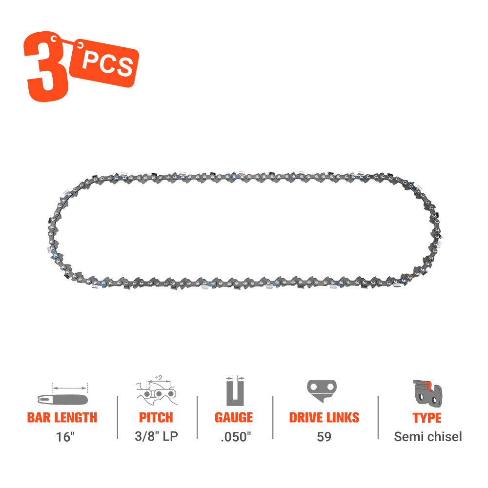 Hipa 16 Inch Standard Chain 3/8" LP .050" 59 DL For Homelite UT10520 240 245 XL-2 XL-10 XL-14 XL-16 192 200 VI Super 2 Shinadaiwa E305AV Chainsaw