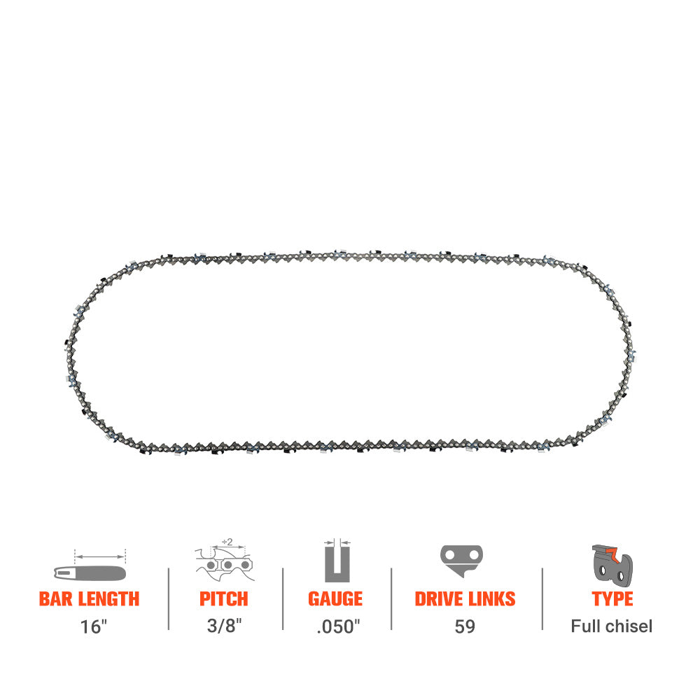Hipa Standard Chain 3/8" .050" 59 DL 16 Inch For Homelite XL 100 700 800 900 Series Jonsered CS2050 CS2255 Makita Chainsaw
