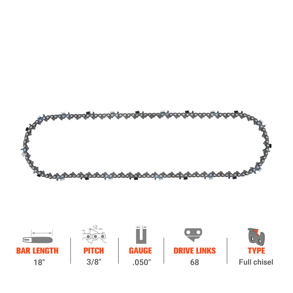 Hipa 18 Inch Chain 3/8" .050" 68 DL Full Chisel For Husqvarna 455 455E 460 465 55 51 Rancher 285 359 357XP 357XPG 262XP 357XP Chainsaw