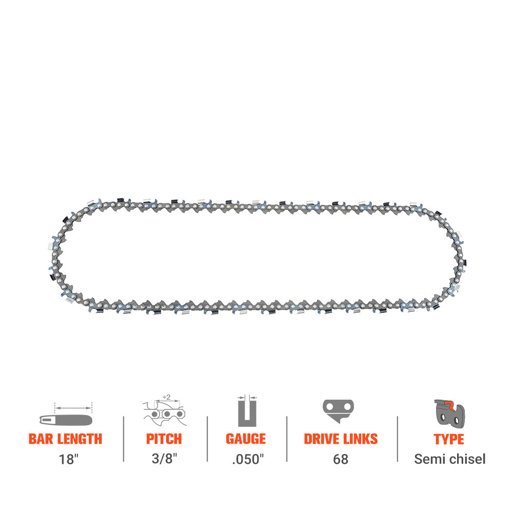 Hipa 18 Inch Ripping Chain 3/8" .050" 68 DL For 72RD068G/ 72RD068 Husqvarna 55 455 Rancher Poulan PP4818A Jonsered 2165 Chainsaw