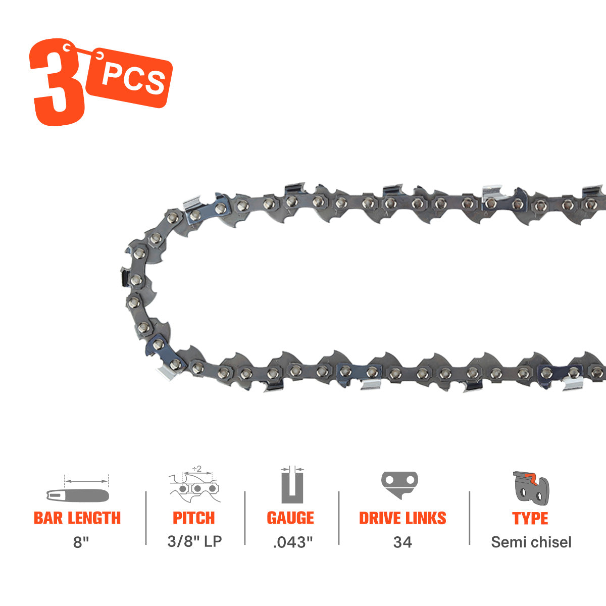 Hipa Standard Chain 3/8" LP .043" 34 DL 8 Inch For Oregon PS250 Dewalt DCPS620 Remington RM2599 Poulan PP338pt Chainsaw